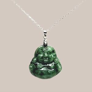 Green Jade Buddha Pendant Sterling Silver Plated Rolo Necklace Boho Ethnic Gift